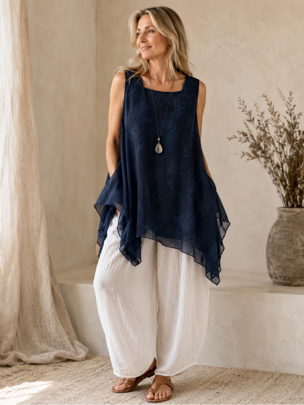 Kaliyana Asymmetrical Tunic Top Sheer Square Neck Size 2 XL Navy Layer Lagenlook